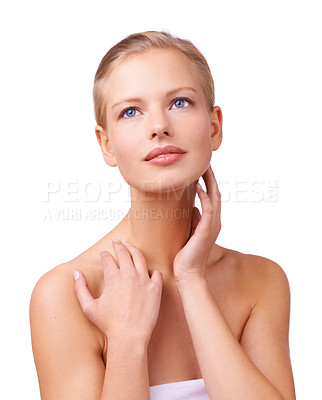 Buy stock photo Skincare, glow and woman in studio with beauty, natural and face routine for wellness. Health, cosmetic and young female person from Australia with facial dermatology treatment by white background.