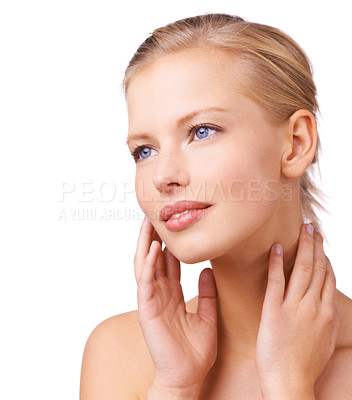Buy stock photo Skincare, wellness and woman in studio with beauty, natural and face routine for health. Mockup, cosmetic and young female person from Australia with facial dermatology treatment by white background.