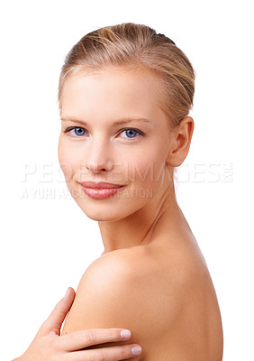 Buy stock photo Portrait, skincare and makeup with shoulder of woman in studio isolated on white background for self care. Face, beauty and aesthetic with confident young person at salon for cosmetics or dermatology