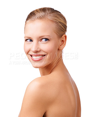 Buy stock photo Skincare, smile and thinking with makeup woman in studio isolated on white background for body care from back. Beauty, aesthetic and idea with confident young person at salon for cosmetic dermatology