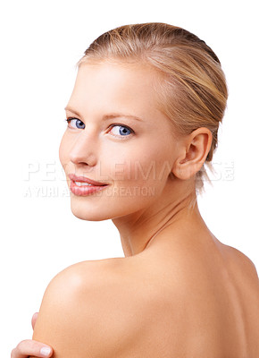 Buy stock photo Portrait, beauty and makeup with back of woman in studio isolated on white background for self care. Face, skincare and aesthetic with natural young person at salon for cosmetics or dermatology