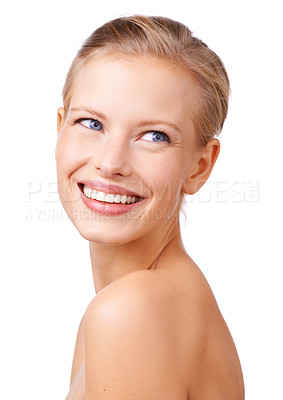 Buy stock photo Happy woman, face and skincare with makeup for cosmetics, beauty or facial treatment on a white studio background. Young female person or model with smile in satisfaction for salon, spa or hygiene