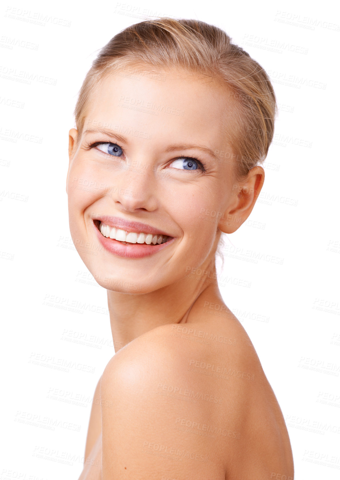 Buy stock photo Happy woman, face and skincare with makeup for cosmetics, beauty or facial treatment on a white studio background. Young female person or model with smile in satisfaction for salon, spa or hygiene