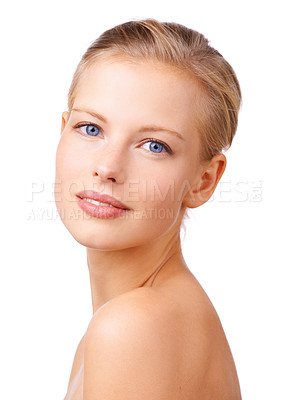 Buy stock photo Portrait, aesthetic and beauty with natural woman in studio isolated on white background for wellness. Face, skincare and cosmetics with confident young model at salon for dermatology treatment