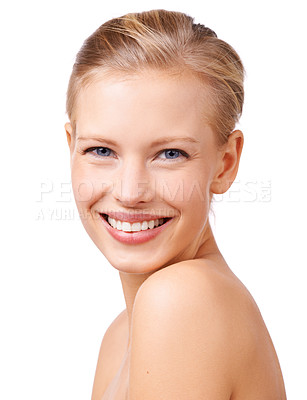 Buy stock photo Happy woman, portrait and skincare with makeup for beauty, cosmetics or facial treatment on a white studio background. Young female person or model with smile in satisfaction for salon, spa or face