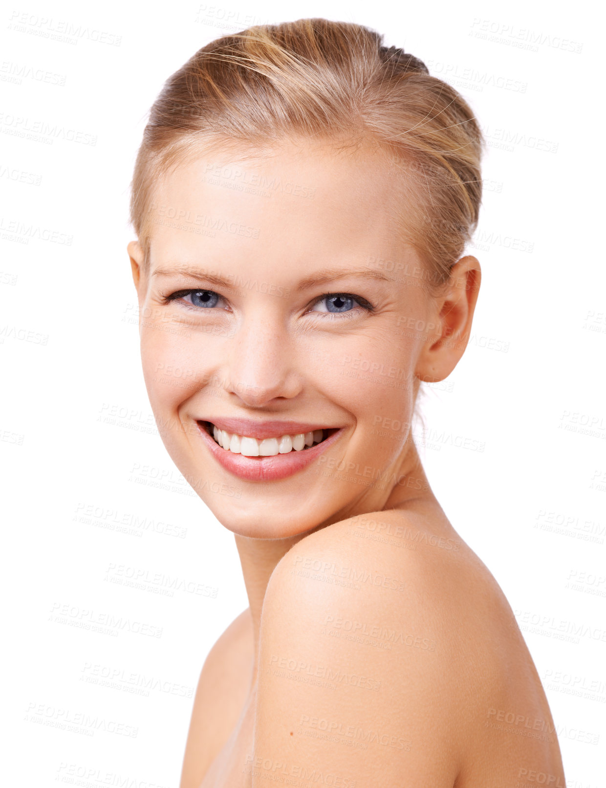 Buy stock photo Happy woman, portrait and skincare with makeup for beauty, cosmetics or facial treatment on a white studio background. Young female person or model with smile in satisfaction for salon, spa or face