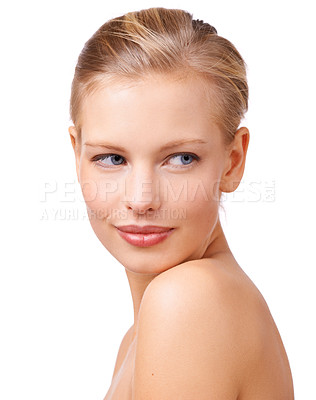 Buy stock photo Skincare, beauty and wellness with face of model in studio isolated on white background for makeup. Salon, aesthetic and cosmetics with confident young woman at spa for natural dermatology treatment