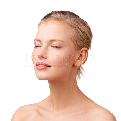 Buy stock photo Beauty, woman and skincare or face in studio with white background for wellness, cosmetics and routine. Model, relaxed and facial treatment for dermatology, detox and clean skin on mockup space.