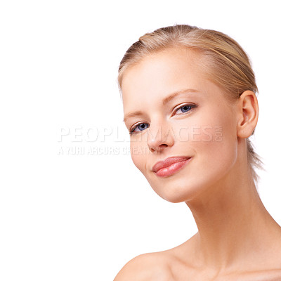 Buy stock photo Portrait, beauty and space with natural woman in studio isolated on white background for wellness. Skincare, face and cosmetics with confident young model on mockup at salon for dermatology treatment