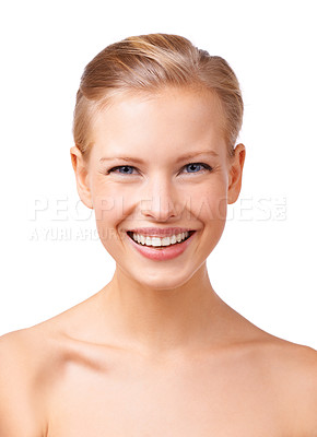 Buy stock photo Happy woman, portrait and beauty with cosmetics for facial treatment or skincare on a white studio background. Face of young female person or model with smile in satisfaction for salon or dermatology