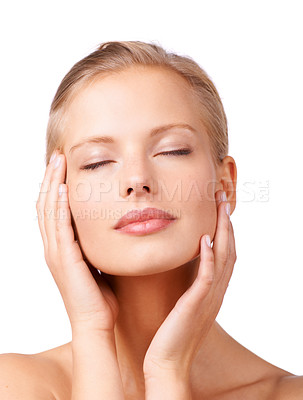 Buy stock photo Calm woman, makeup and relax with beauty for cosmetics, facial treatment or skincare on a white studio background. Face of young female person or model in satisfaction for soft skin or wellness