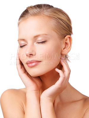 Buy stock photo Calm woman, makeup and relax with facial treatment for beauty, cosmetics or skincare on a white studio background. Face of young female person or model in satisfaction for soft skin or wellness