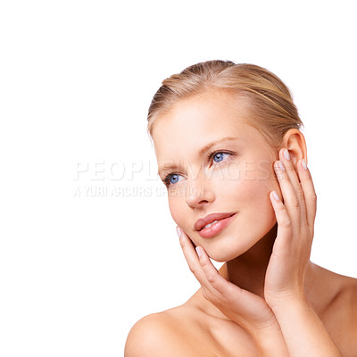 Buy stock photo Happy woman, thinking and makeup with beauty in skincare, cosmetics or facial treatment on a white studio background. Face of young female person, blonde or model with smile or vision on mockup space