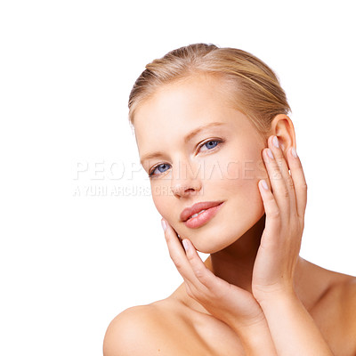 Buy stock photo Skincare, mockup and portrait of woman in studio with beauty, natural and face routine for wellness. Glow, cosmetic and female person from Canada with facial dermatology treatment by white background