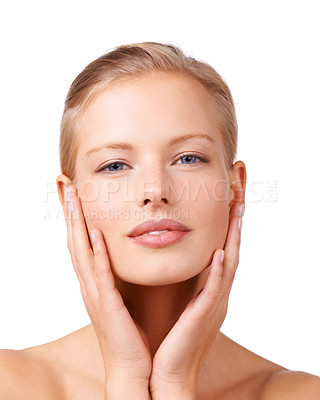 Buy stock photo Skincare, cosmetic and woman in studio with beauty, natural and face routine for wellness. Glow, health and portrait of female person from Canada with facial dermatology treatment by white background