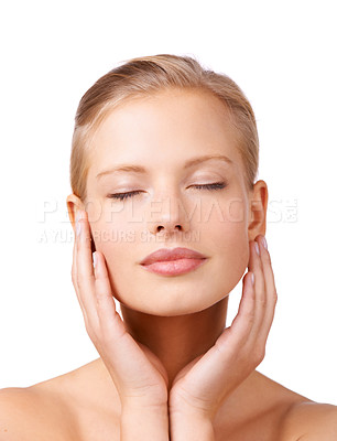Buy stock photo Calm woman, relax and skincare with facial treatment for beauty, cosmetics or makeup on a white studio background. Face of young female person or model in satisfaction for soft skin or wellness