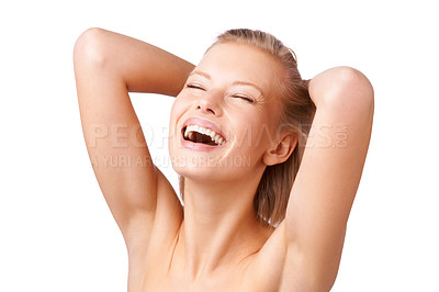 Buy stock photo Happy woman, relax and hygiene with natural beauty in skincare, facial treatment or salon on a white studio background. Face of young female person or model in satisfaction for haircare and cosmetics