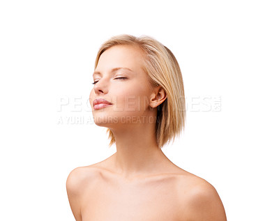 Buy stock photo Skincare, face and beauty or woman in studio with white background for wellness, cosmetics and routine. Relaxed, model and dermatology for facial treatment, glow and clean skin on mockup space.
