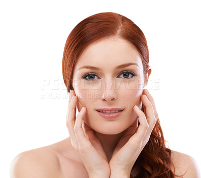 Buy stock photo Studio, happy model and portrait with red hair for beauty and skincare with collagen or cosmetology. Young woman, smile or face for dermatology with foundation or facial treatment by white background