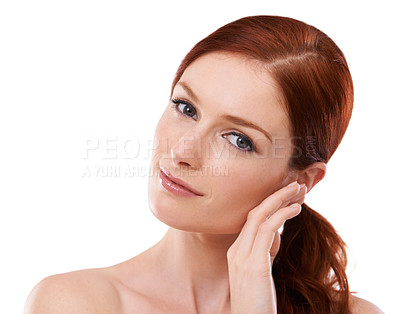Buy stock photo Studio, happy woman and portrait with red hair of salon, keratin and brazilian treatment for healthy shine. France model, face and dermatology for makeup and collagen facial by white background