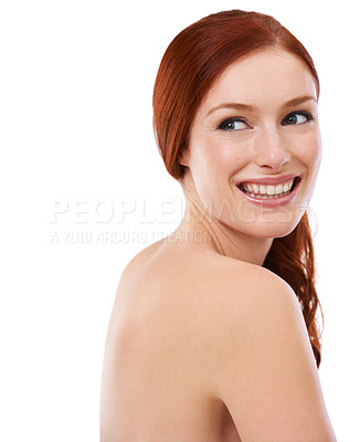 Buy stock photo Studio, happy woman and spa skincare for body and dermatology with facial for health glow. French model, smile and shine red hair of clean shower, results and collagen treatment by white background