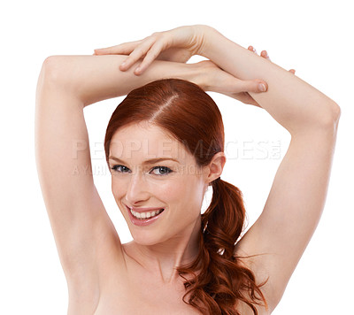 Buy stock photo Studio, happy woman and portrait with clean armpit of epilation and beauty with shaving by white background. France model, smile face and cleaning for body hair removal and skincare with dermatology 