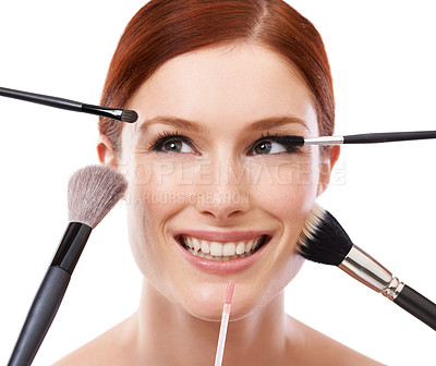 Buy stock photo Make up brush, model and beauty tools on face, studio and facial by white background. Woman, happy or salon aesthetic by foundation or highlight, contour or application of cosmetics for cosmetology