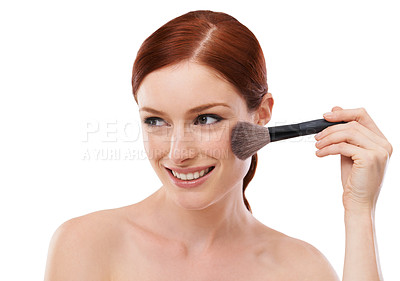 Buy stock photo Beauty, face and model with makeup, brush and cosmetic on isolated white background. Smile, cosmetology and skincare for aesthetic, self care or wellness with tools for foundation or powder blush