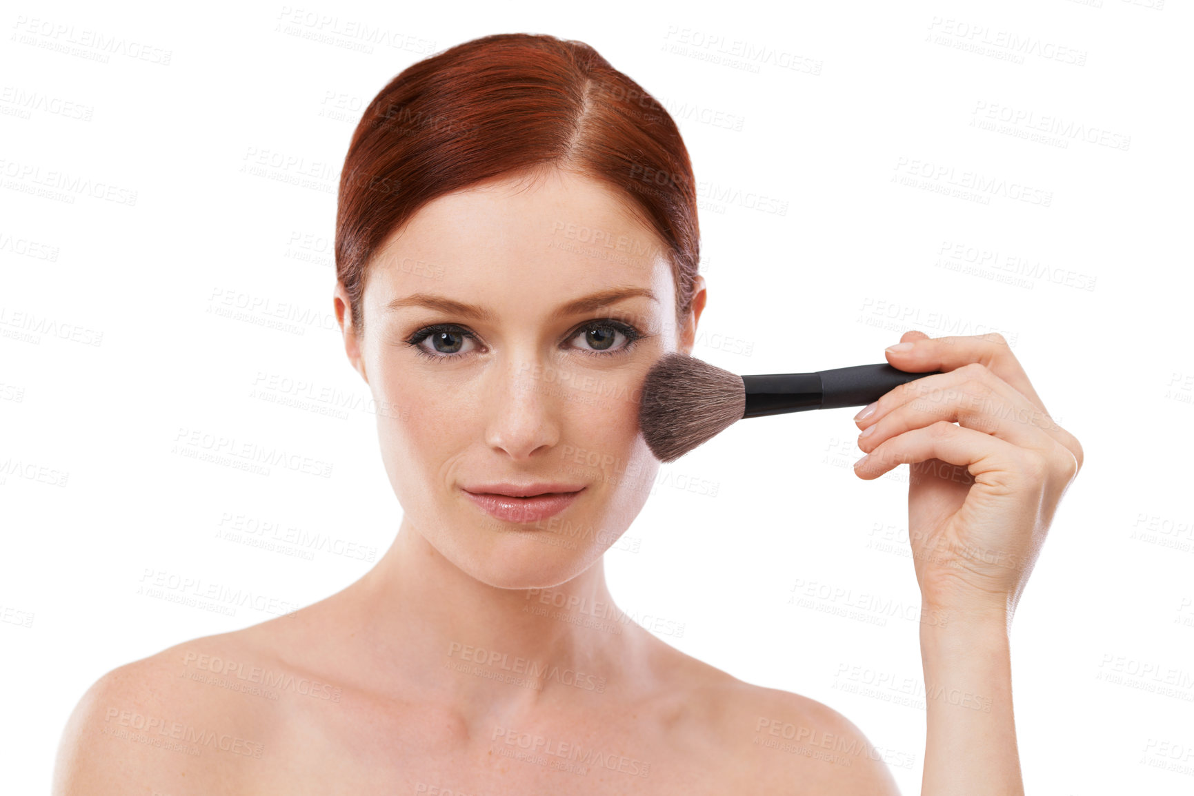 Buy stock photo Beauty shot of a young woman holding a makeup brush against a white background