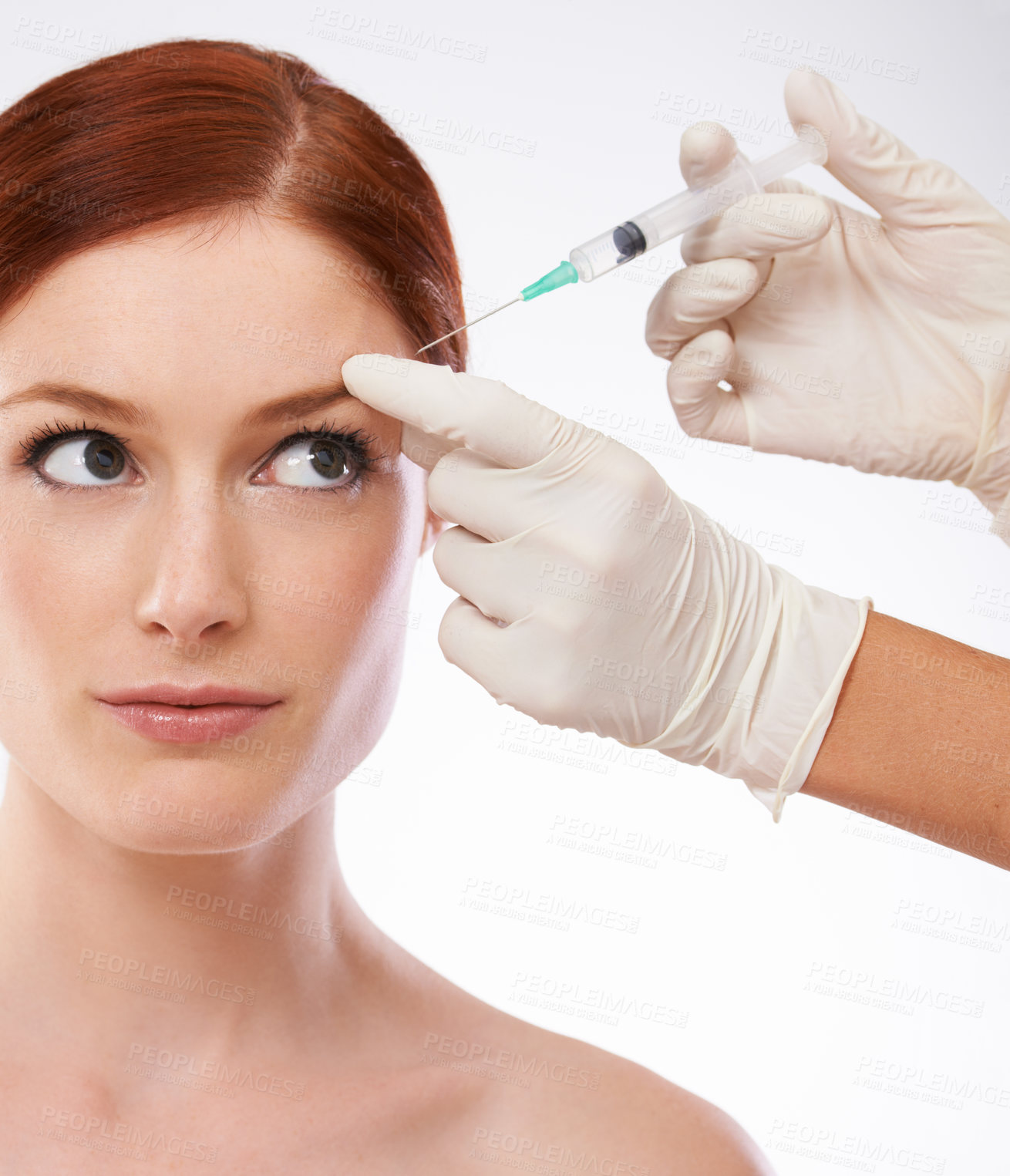 Buy stock photo Woman, hands and filler injection forehead or wrinkles as anti aging skincare procedure, dermatology or plastic surgery. Female person, fingers or syringe needle as studio, mockup or white background