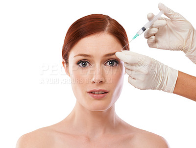 Buy stock photo Woman, portrait and hands or filler injection in face or anti aging skincare procedure, dermatology or plastic surgery. Female person, transformation and syringe or studio, mockup or white background