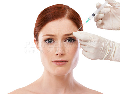 Buy stock photo Woman, portrait and hands or botox syringe or anti aging skincare procedure, wrinkles or plastic surgery. Female person, scared and needle or forehead injection or studio, mockup or white background
