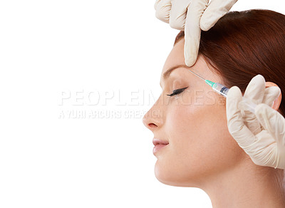 Buy stock photo Shot of a beautiful woman getting botox injection