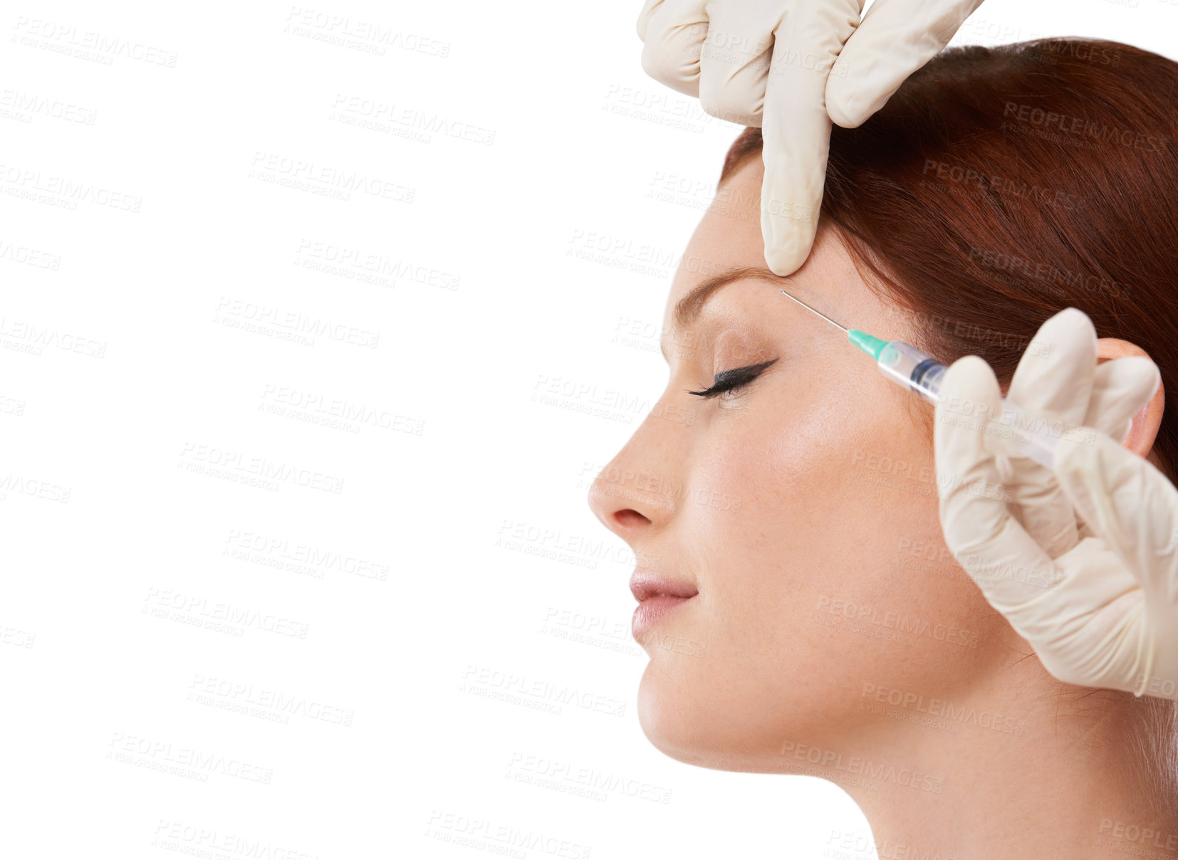 Buy stock photo Shot of a beautiful woman getting an injection on her face