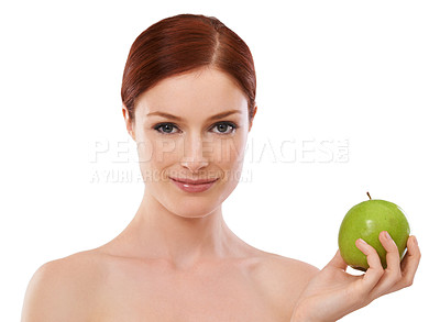Buy stock photo Portrait, wellness and woman with apple in studio with smile in white background for healthcare. Female person, happiness and joy fruit as food for vitamins to eat in diet, nutrition and natural 