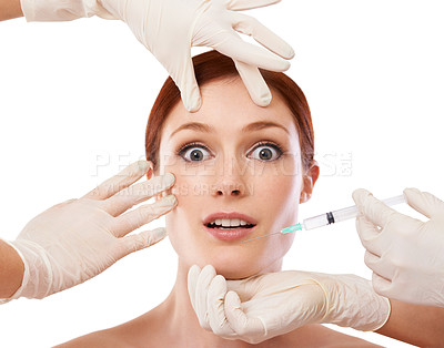 Buy stock photo Woman, portrait and hands or botox injection in face or anti aging skincare procedure, dermatology or plastic surgery. Female person, fingers and syringe needle or studio, mockup or white background