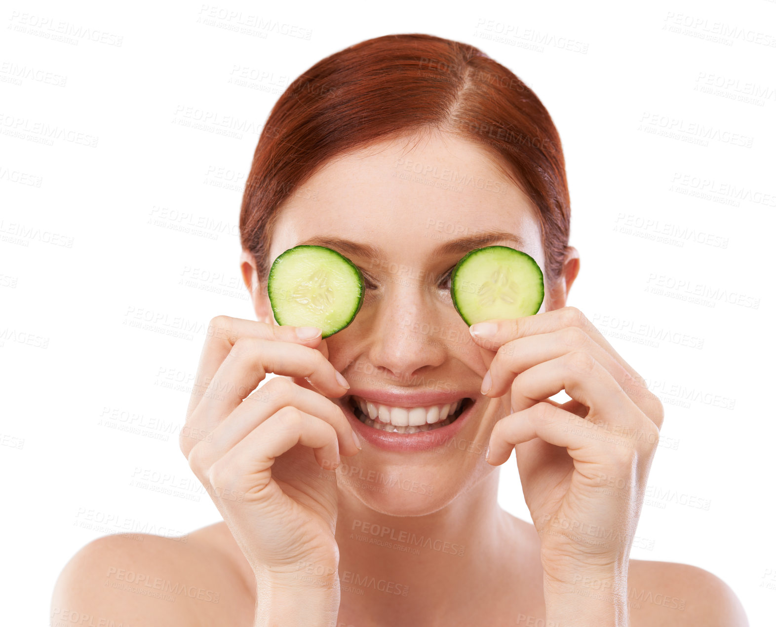 Buy stock photo Woman, smile and cucumber in studio for skincare with natural beauty, shine and hydration benefit on white background. Face, cosmetics and hand with fruit for vitamin c, dermatology and self care