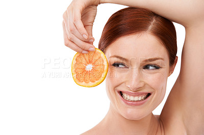 Buy stock photo Studio, orange and woman with smile for skincare with fruit for natural facial, face and white background. Female person, happiness and joy for treatment with food with vitamin c for dermatology