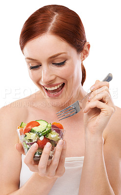 Buy stock photo Woman, salad and healthy eating or excited in studio or nutrition vegetables or diet, wellbeing or white background. Female person, dinner and vegan snack or wellness lunch, lose weight or mockup