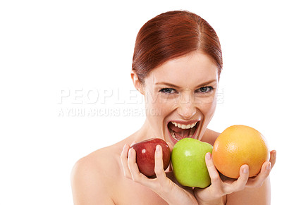 Buy stock photo Woman, portrait and bite fruit in studio or healthy food for lose weight on white background, vegetarian or wellness. Female person, face and apple snack for fibre meal eating, vitamin c or mockup