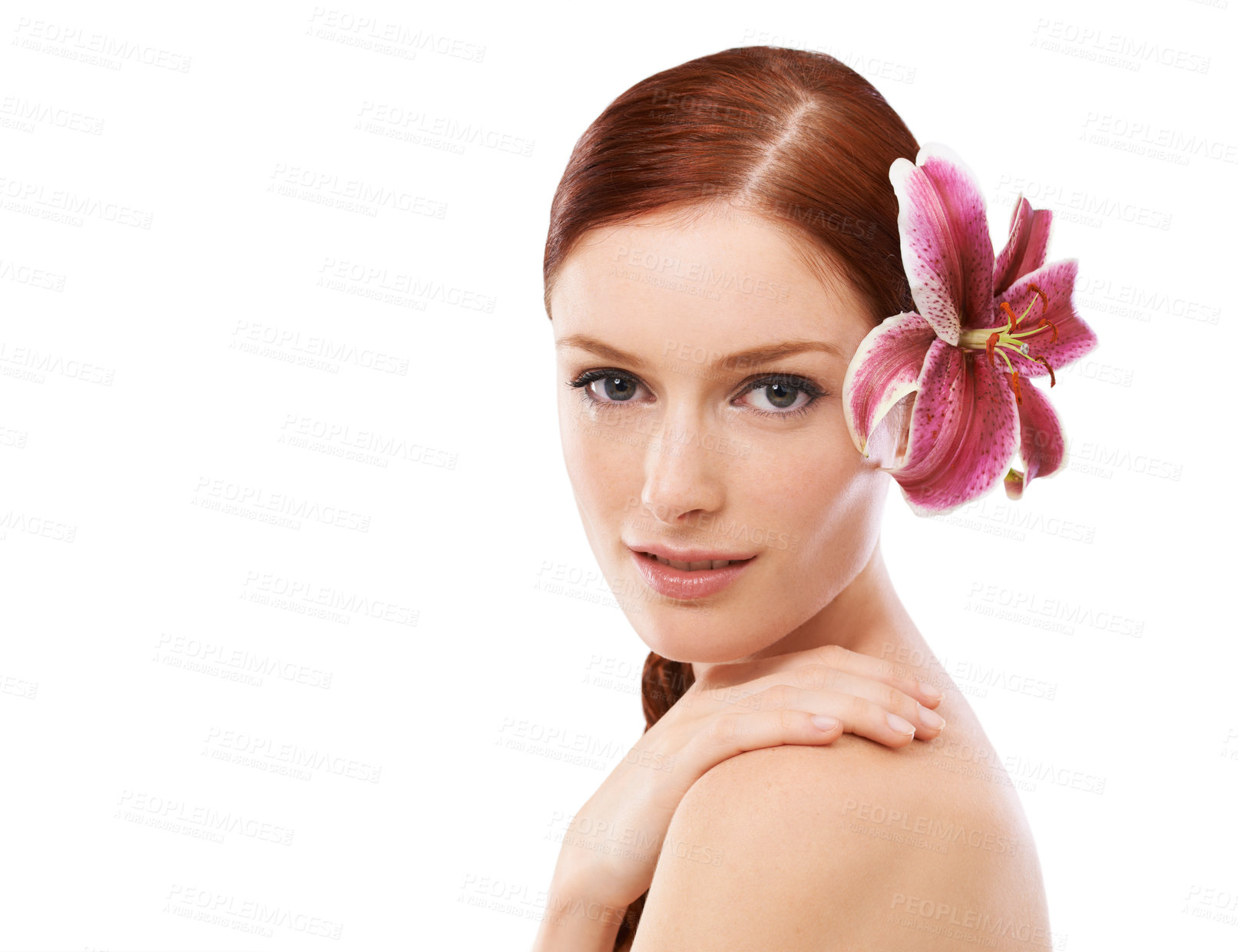 Buy stock photo Beauty shot of a young woman with cosmetics against a white background