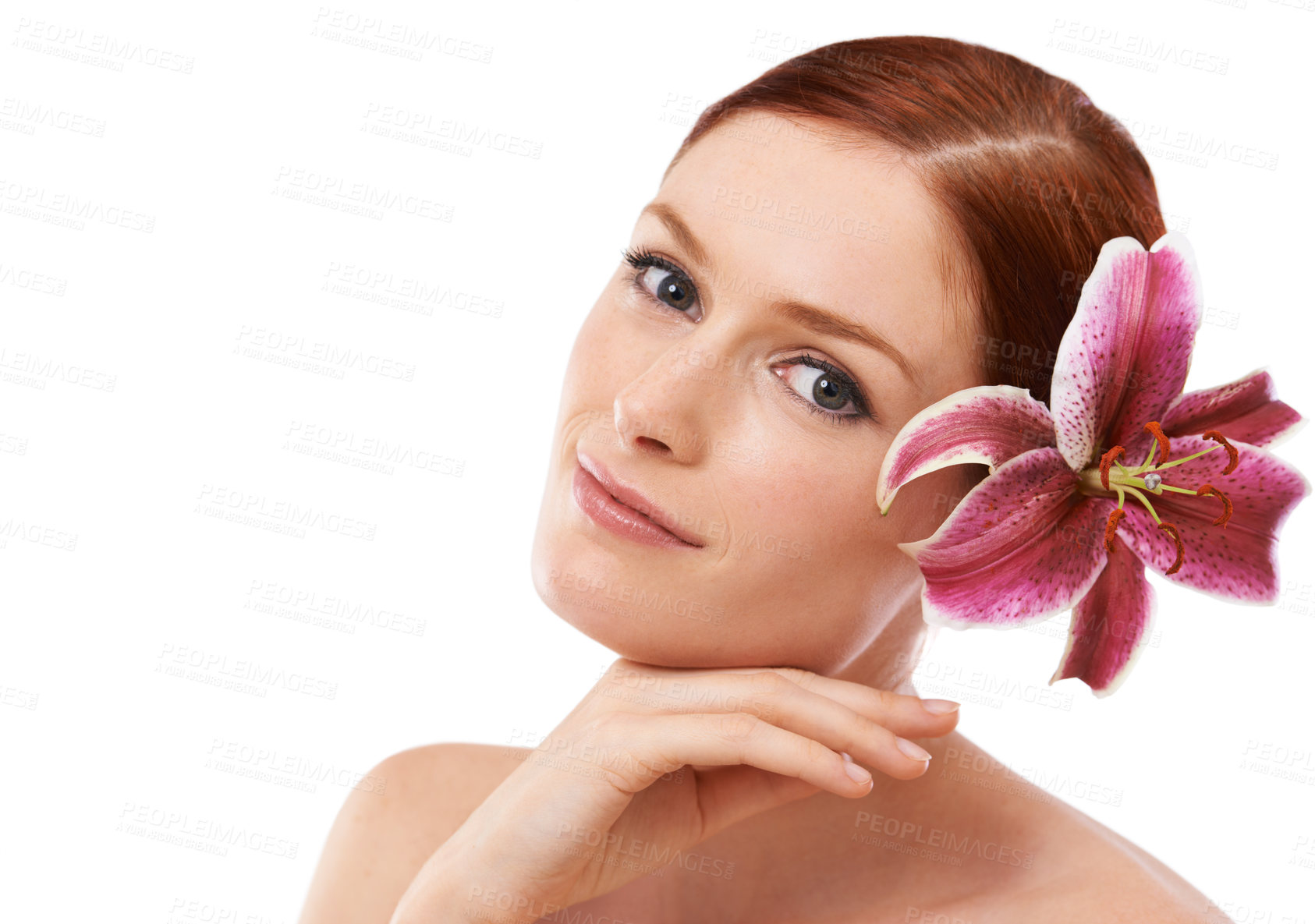 Buy stock photo Cosmetic, flower and portrait of woman in studio with natural, organic and beauty routine for health. Skincare, mockup and model with floral plant for facial dermatology treatment by white background