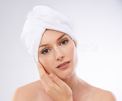 Buy stock photo Calm, woman and portrait of skincare with beauty and healthy dermatology in studio background. Girl, relax and model with glow or shine on skin from facial, cosmetics or benefits of self care 