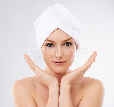 Buy stock photo Face, skincare and portrait of woman with confidence from beauty and healthy dermatology in studio background. Girl, model and glow or shine on skin from facial, cosmetics or benefits of detox