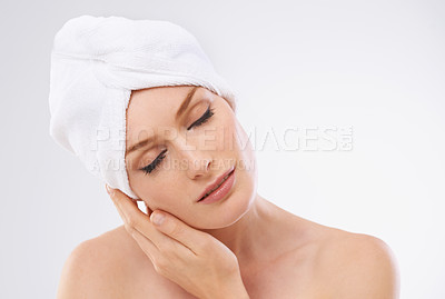 Buy stock photo Woman, relax and peace from skincare with beauty and healthy dermatology in studio background. Calm, girl and model with glow or shine on skin from facial, cosmetics or benefits of self care and rest