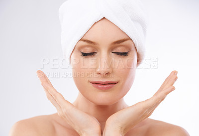 Buy stock photo Calm, woman and portrait of skincare with beauty, clean and healthy dermatology in studio background. Girl, relax and model with glow or shine on skin from facial, cosmetics or benefits of detox