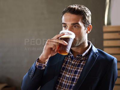 Buy stock photo Thinking, restaurant or businessman at bar with beer or beverage to relax at social time or event. Hospitality industry, mockup space or male customer at diner or pub and enjoying alcohol drink