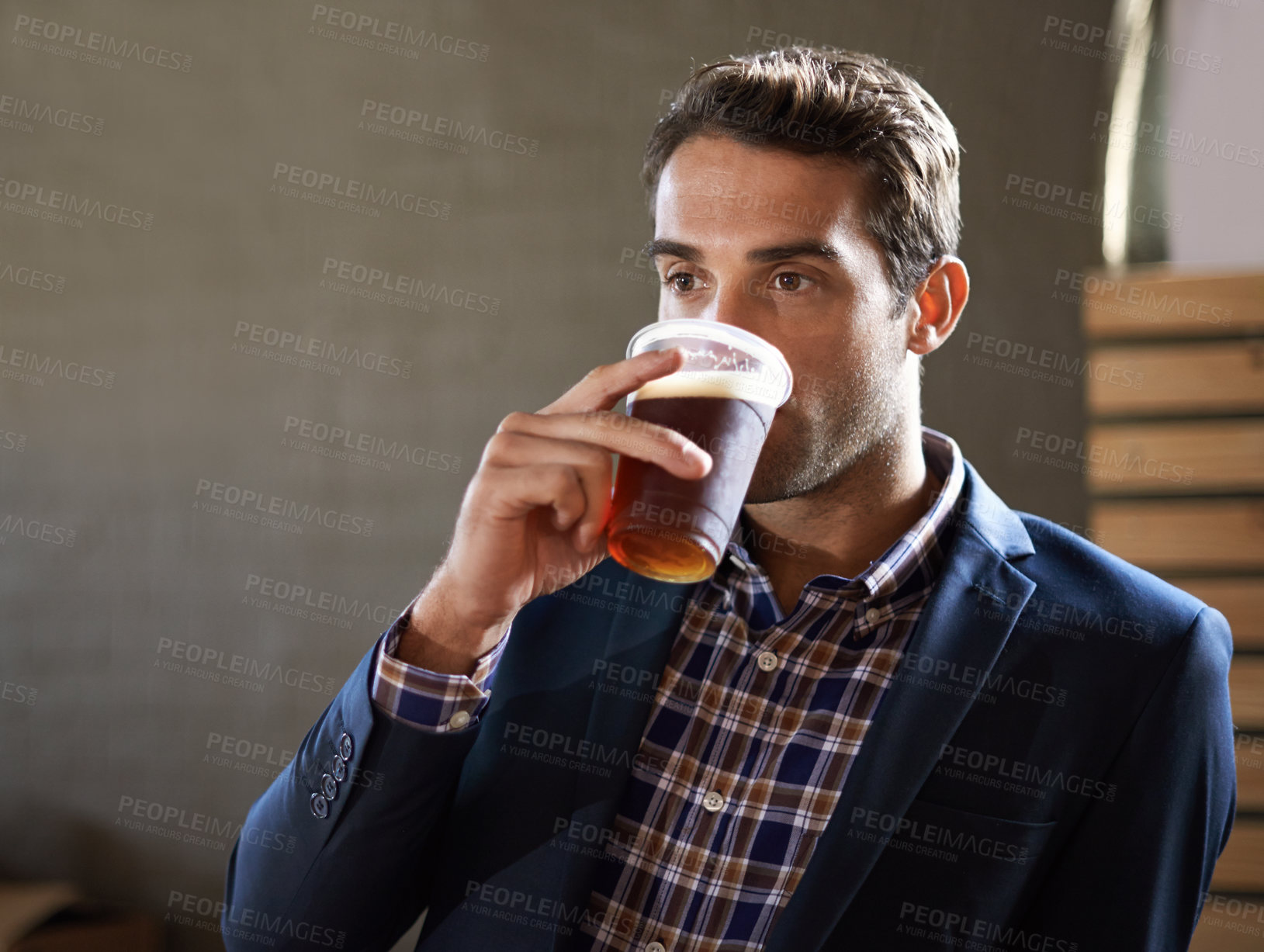 Buy stock photo Thinking, restaurant or businessman at bar with beer or beverage to relax at social time or event. Hospitality industry, mockup space or male customer at diner or pub and enjoying alcohol drink