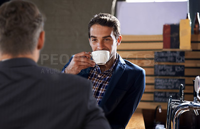 Buy stock photo People, drink and coffee in pub for business meeting, appointment or consultation in Dublin. Businessmen, smile and hot beverage for discussion, team building or conversation after work at restaurant