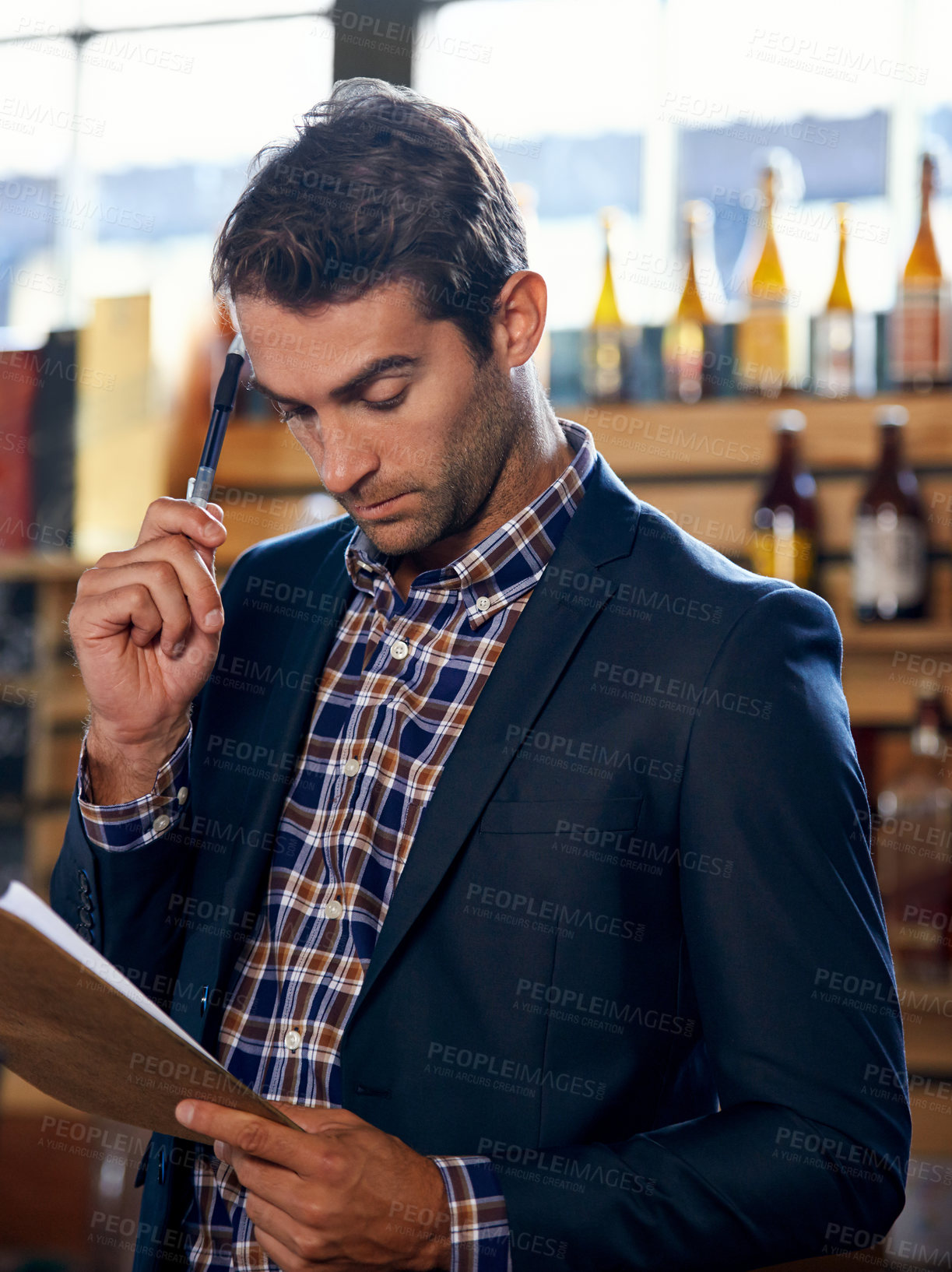 Buy stock photo Restaurant, thinking or man with stock, checklist for small business logistics, inventory or menu on clipboard. Startup, pub ideas or manager with sale price for retail order in diner cafe or bar